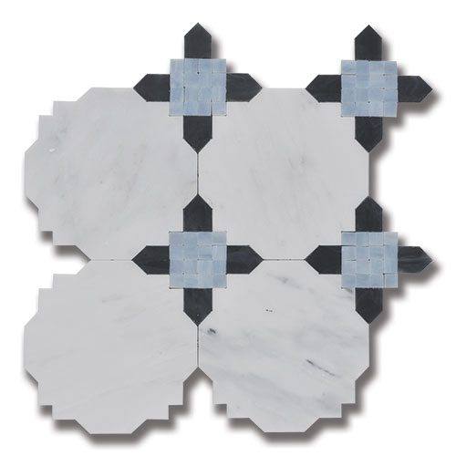 A tile with light colored octagonal shapes inset with blue and gray cross shapes
